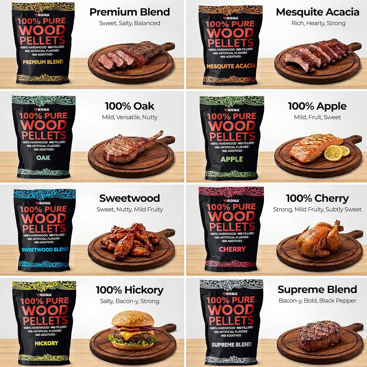 Kona Wood Pellets All Variety Pack, Intended for Ninja Woodfire Outdoor Grill, Wood Fire Oven & Smoker, 8, 1lb Resealable Bags