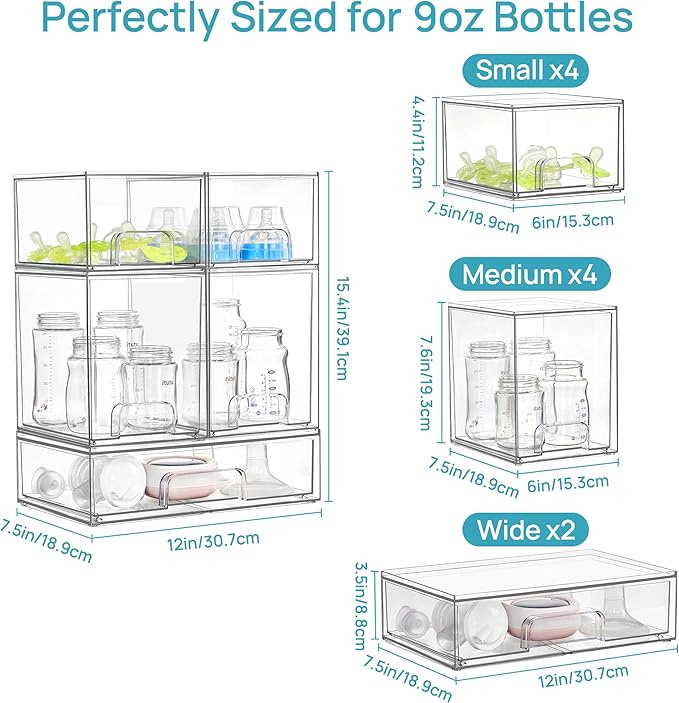 Vtopmart 10 Pack Clear Baby Bottle Organizer Set, Stackable Storage Drawers Ideal for Kichen Countertop, Vanity, Bathroom, Cabinet, Pantry Organization