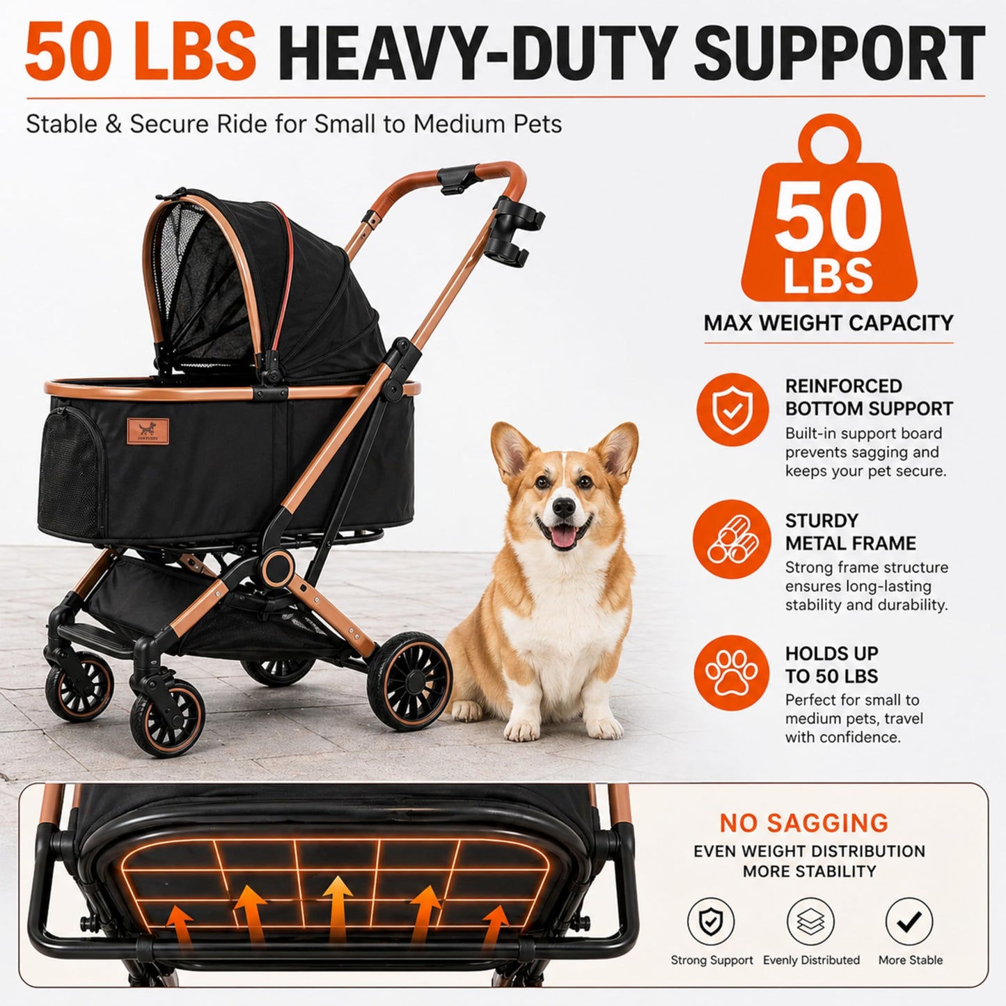 PAWPUBBY 6-in-1 Pet Stroller for Medium Dogs up to 50 lbs, Luxury Black & Gold Dog Stroller with Detachable Carrier, Foldable Travel Cat Stroller, Removable Pet Car Seat, 360° Rotating Wheels