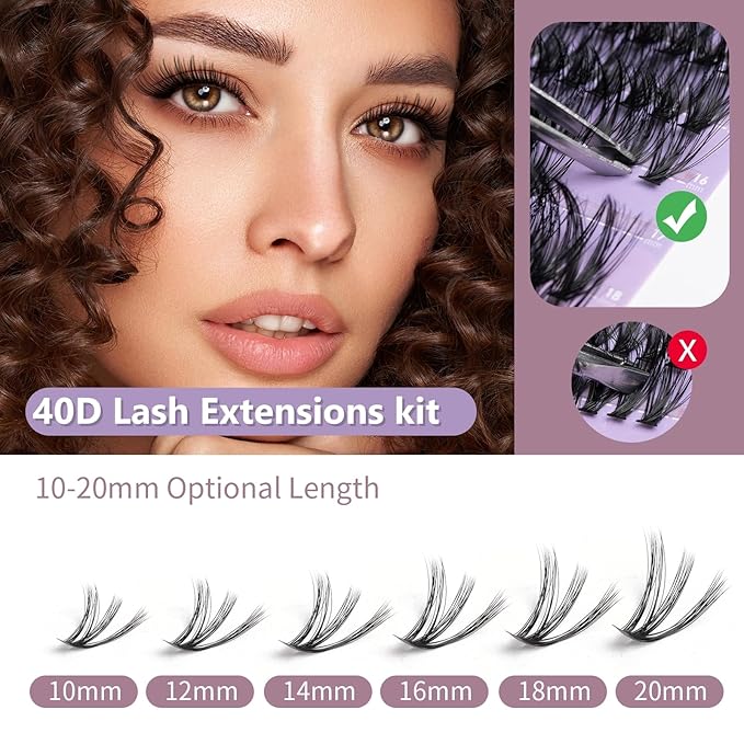 Ocean Pearl Lash Clusters 300pcs Individual Lashes 40D 10-20mm Eyelash Extensions Kit Natural Lashes Soft Eyelash Clusters False Eyelashes DIY Lash Extension Kit with Bond + Seal and Remover-40D