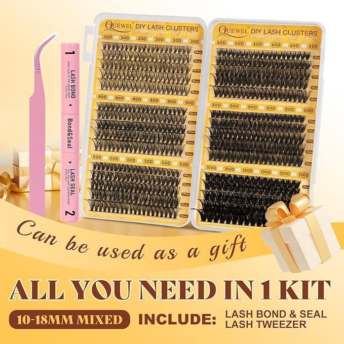 QUEWEL 580PCS Lash Clusters Kit 30D+40D+50D+60D+80D+100D Lashes Clusters Kit 10-18mm Cluster Lashes Individual Eyelash Clusters Reusable for Natural DIY Cluster Eyelash Extensions for Beginners