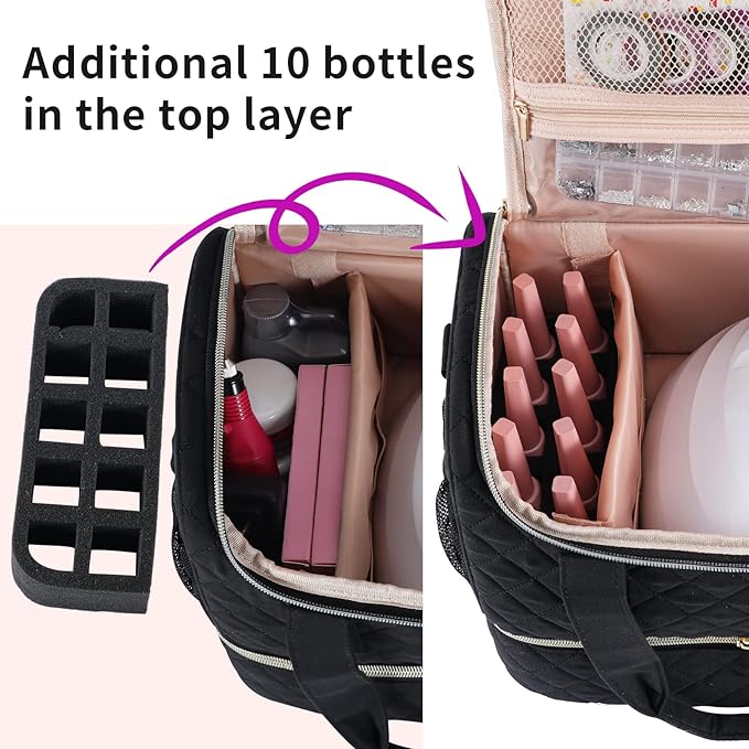 Nail Polish Organizer Case Fits Nail Lamp and 50 Bottles,Nail Organizers and Storage for Nail Tech Travel,Pretty Nail Polish Storage Bag Fits Nail Kit & Manicure Tools (Patented)-Black