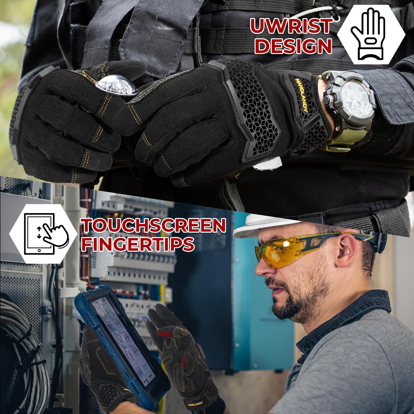 HANDLANDY Work Gloves for Men & Women, Utility Mechanic Working Gloves Touch Screen with Grip, Impact Tactical Gloves for Outdoor Activity (Large, 1 Pair)