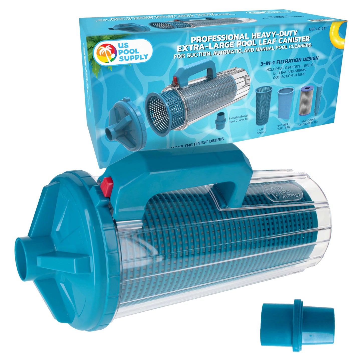 U.S. Pool Supply Pool Leaf Canister - XL Heavy Duty Inline Pool Leaf Catcher, 3-in-1 Filtration (3 Filters, Basket, Mesh Bag & Micro-Cartridge) - Fits 1.5" Hoses, Catch Leaves, Inground Vacuum Cleaner