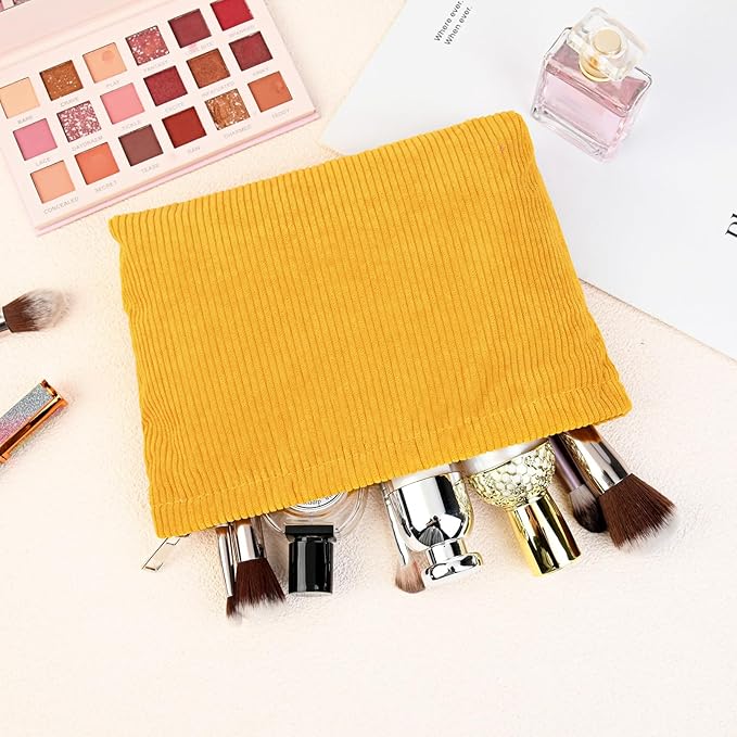 SOIDRAM 2 Pcs Corduroy Makeup Bag Large Cosmetic Bag Toiletry Bag Makeup Pouch Travel Bag Organizer Cute Makeup Brushes Aesthetic Accessories Storage Bag for Women Mustard Yellow