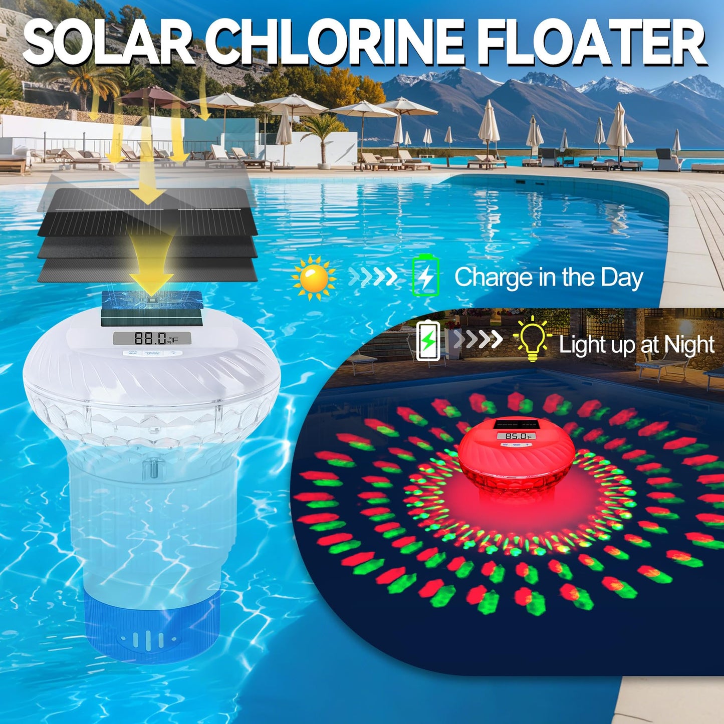FineBud2025 Upgrade Pool Chlorine Floater with Thermometer,Digital Screen Floating Chlorine Dispenser for Pool,Solar pool Chlorines floater with Light,Button Control chlorine floaters with Thermometer