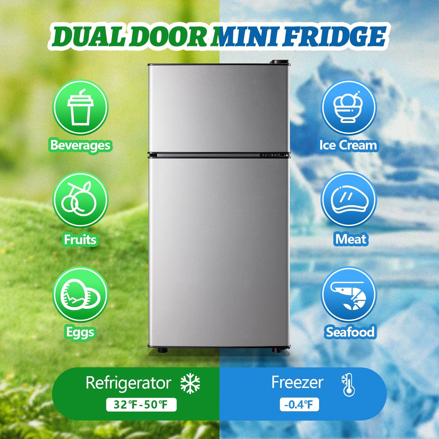 DEMULLER 2.4 Cu.ft Mini Fridge with Top Freezer Apartment Size Dual Door Compact Refrigerator for Personal Use Small Fridge with Egg tray, 7 Temperature Control For Dorm, Silver