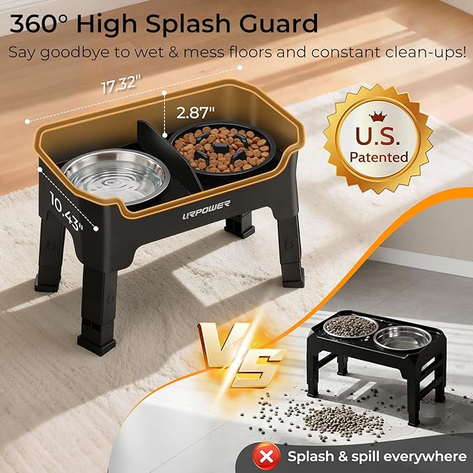 URPOWER Mess Proof Slow Feeder Dog Bowls 4 Height Adjustable Elevated Bowl Stand with Stainless Steel Water Bowl and Slow Feeder Non-Slip Dog Food Bowls Stand for Small Medium Large Dogs