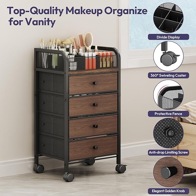 SWTYMIKI Rolling Makeup Organizer Cart - 14.96Ã¢ÂÂ³*11.81Ã¢ÂÂ³*27.55Ã¢ÂÂ³ Widened Under Desk Vanity Storage with 4 Non-woven Drawers, Cosmetic Display Cases for Skin Care Perfume Nail Polish Brush Hair Tool Black