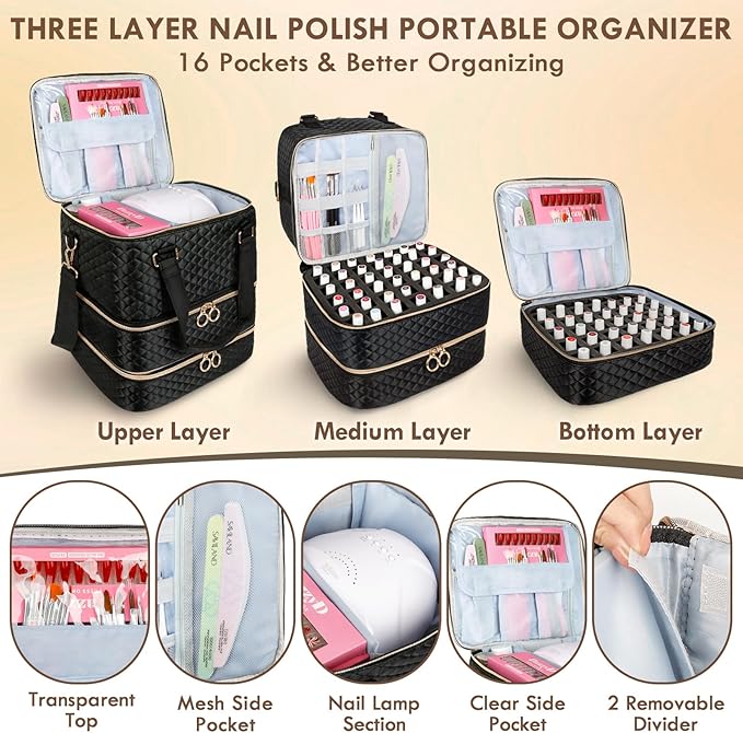 Nail Polish Organizer Bag, 3 Layers Nail Kit Organizers and Storage Case Holds 84 Bottles(15ml/0.5fl.oz)& Nail Lamp, Large Shoulder Bag Travel Carrying Case Box for Nail Supplies