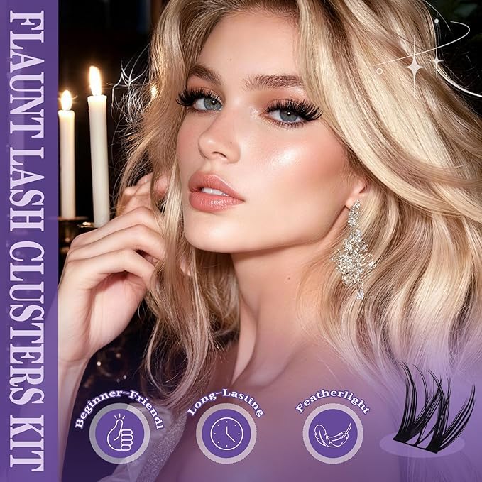 B&Q Flaunt Lash Clusters Kit D-Curl Flora Eyelash Clusters 8-18mm Cluster Eyelash Extension Wet Look Wispy Cluster Lashes Lengthlock All-in-One Eyelashs Extension Kit for Medium Dramatic(Flaunt Kit)