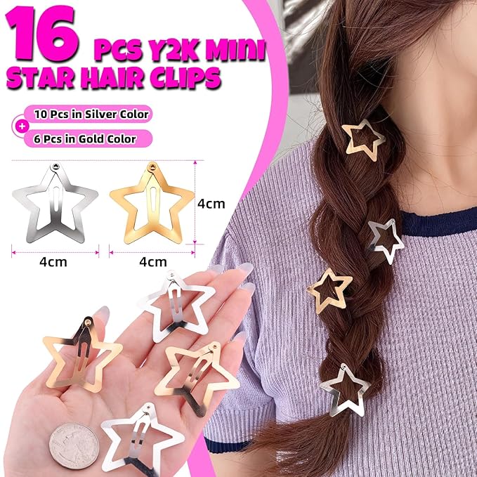 16 PCS Gold Silver Star Hair Clips, 1.57 Inch Y2K Accessories Snap Hair Clips, Non-Slip Small Star Barrettes Metal Accessories for Girls Women, Cool Mini Fashion Ornament Set for Rave Decor