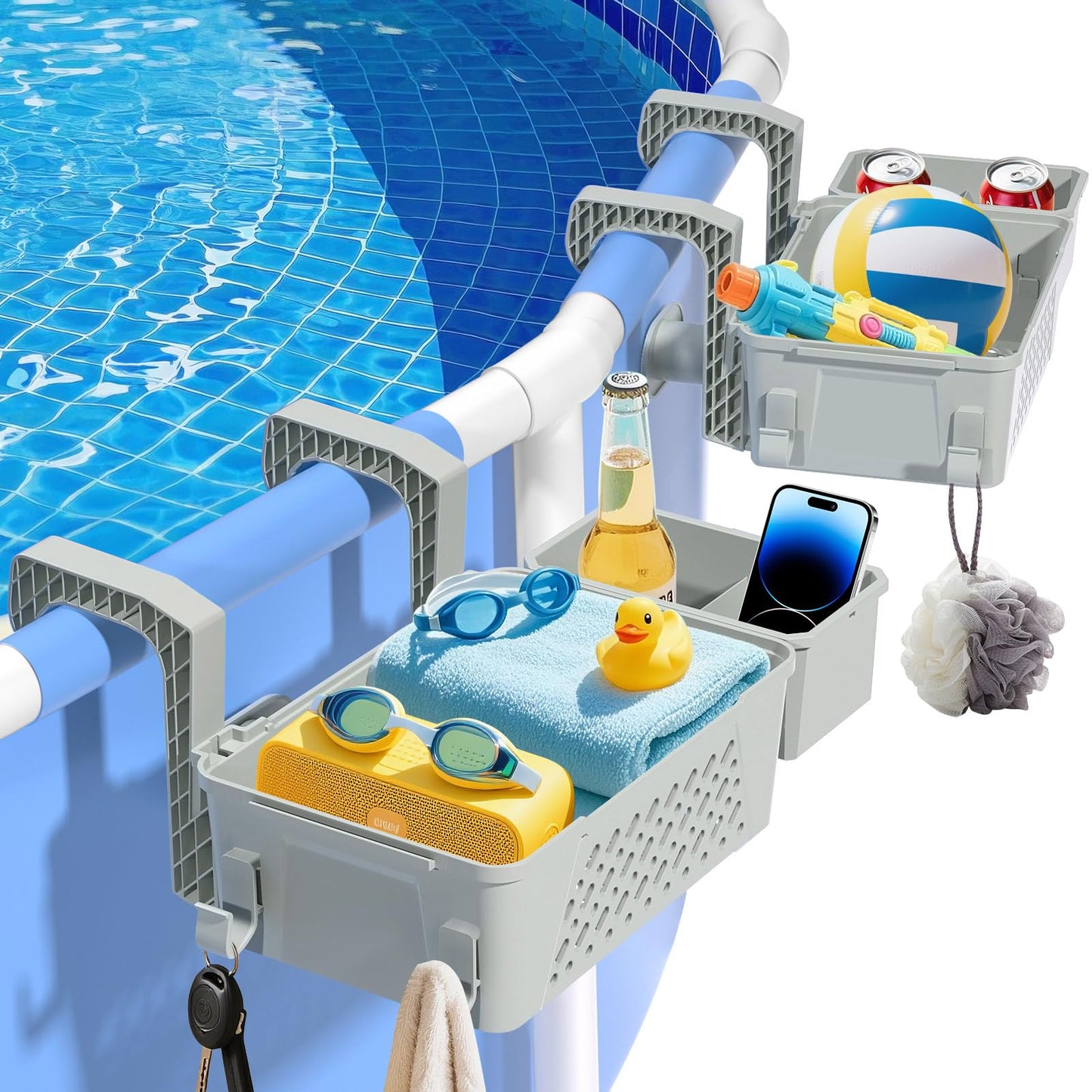 【2026 Upgrade】2-Pack Poolside Storage Basket with Cup Holder, Above Ground Pool Accessories, 3-in-1 Swimming Pool Hanging Storage Baskets to Organize Cups & Towels, Fits 3 Inch or Less Top Rail(Grey)