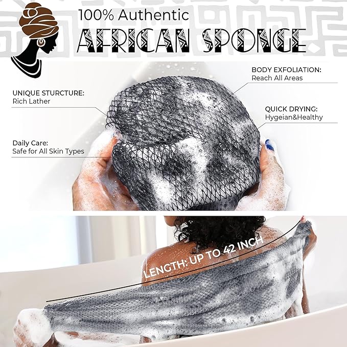 Authentic African Net Sponge - 2 Pieces Exfoliating Body Scrubber Bath Sponge - Back Scrub Washcloth for Shower - Face & Skin Care & Body Exfoliator Bathroom Essentials for Women