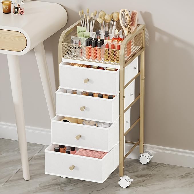 SWTYMIKI Rolling Makeup Organizer Cart - Under Desk Vanity Makeup Storage with 4 Non-woven Drawers, Nail Cart Organizer Cosmetic Display Cases Cabinet for Skin Care Perfume Nail Polish Brush Hair Tool