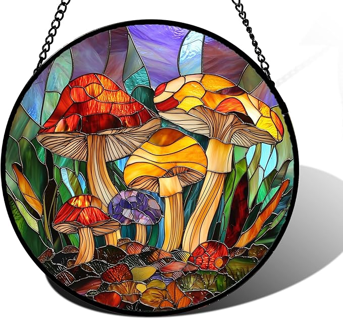 DASTOLL Stained Glass Window Hanging, Jungle Mushrooms Sun Catchers Diamond Glass Panel Hangings Plant Suncatcher Decor for Birthday for Women, Men, Wife, Aunt, and Mom 9.8 in