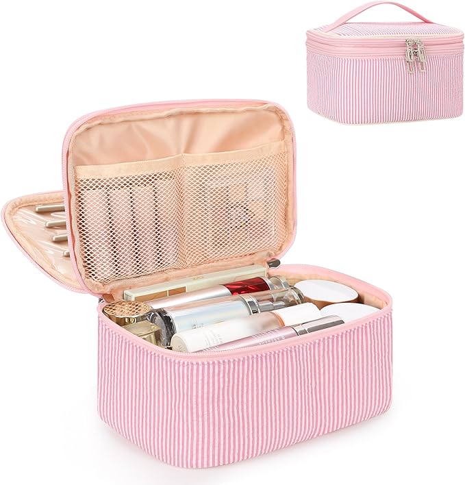 Relavel Large Makeup Bag, Portable Pink Cosmetic Bag for Girls, Dual-layer Makeup Pouch with Brush Holder, Multi-Functional Preppy Toiletry Organizer for Travel, Daily Use - Pink Strip