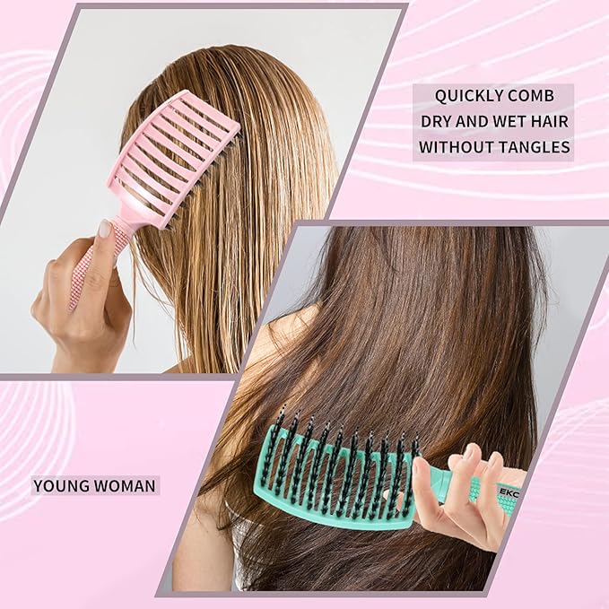 3 Pack Vented Quick Drying Massage Blow Detangler Brush,Boar Bristle Hair Brush Set-Curved,Detangling Hair Brush for Women Long,Thick, Thin, Curly(Green)