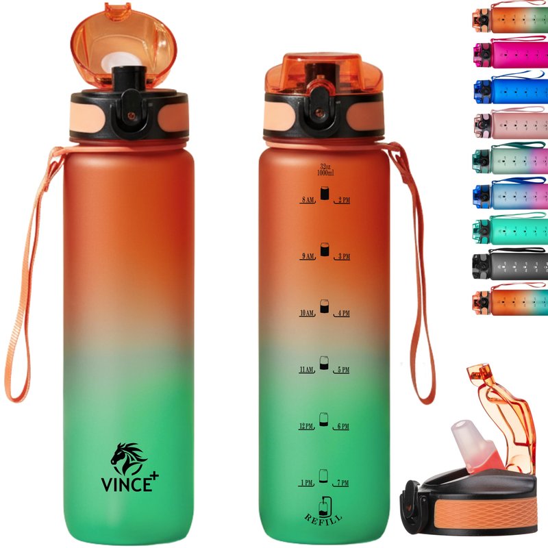 VINCEPLUS 32oz Titan Water Bottle with Time-Marked, 2 Lids (Fast Flow & Straw) - BPA/BPS Free, Leak-Proof, Airtight, Reusable Water Bottle - Perfect for Sports, Hiking (Green)