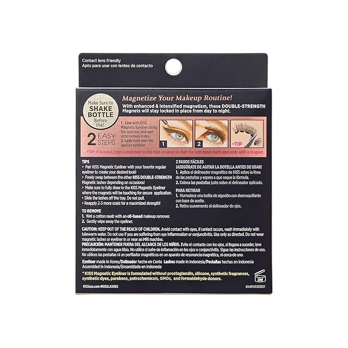 KISS Magnetic False Eyelashes and Eyeliner, ‘Entice’, 12mm, Easy to Apply, Reusable, No Glue, Flexiband Technology, Precision Felt Tip, Fortified Formula, 1 Pair Strip Lashes (Pack of 2)