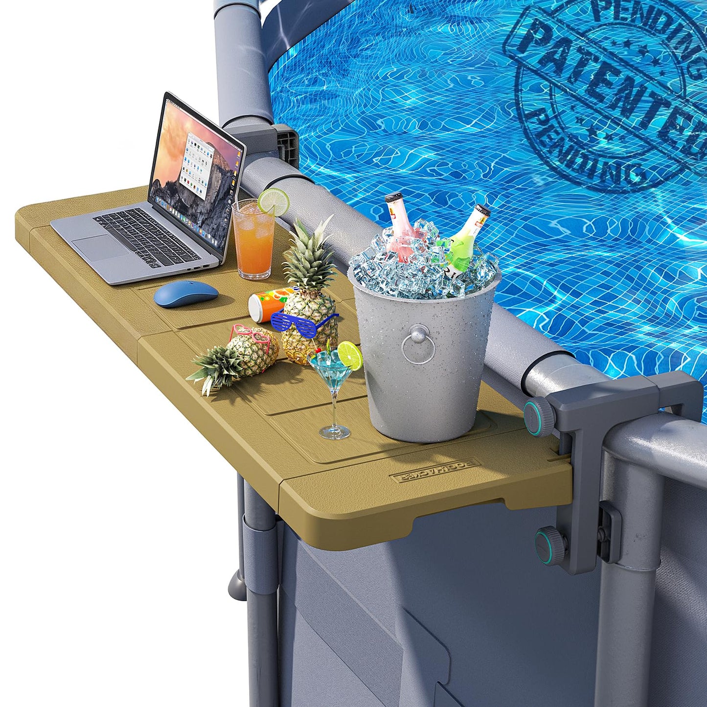 POOLHACKER Poolside Bar, [Original] Swim Up Bar Exclusively for Above-Ground Round Pools. Patio Poolside Table Smart Fold Easy Maintenance, Weather Resistant Stable Tabletop (Amber Brown)