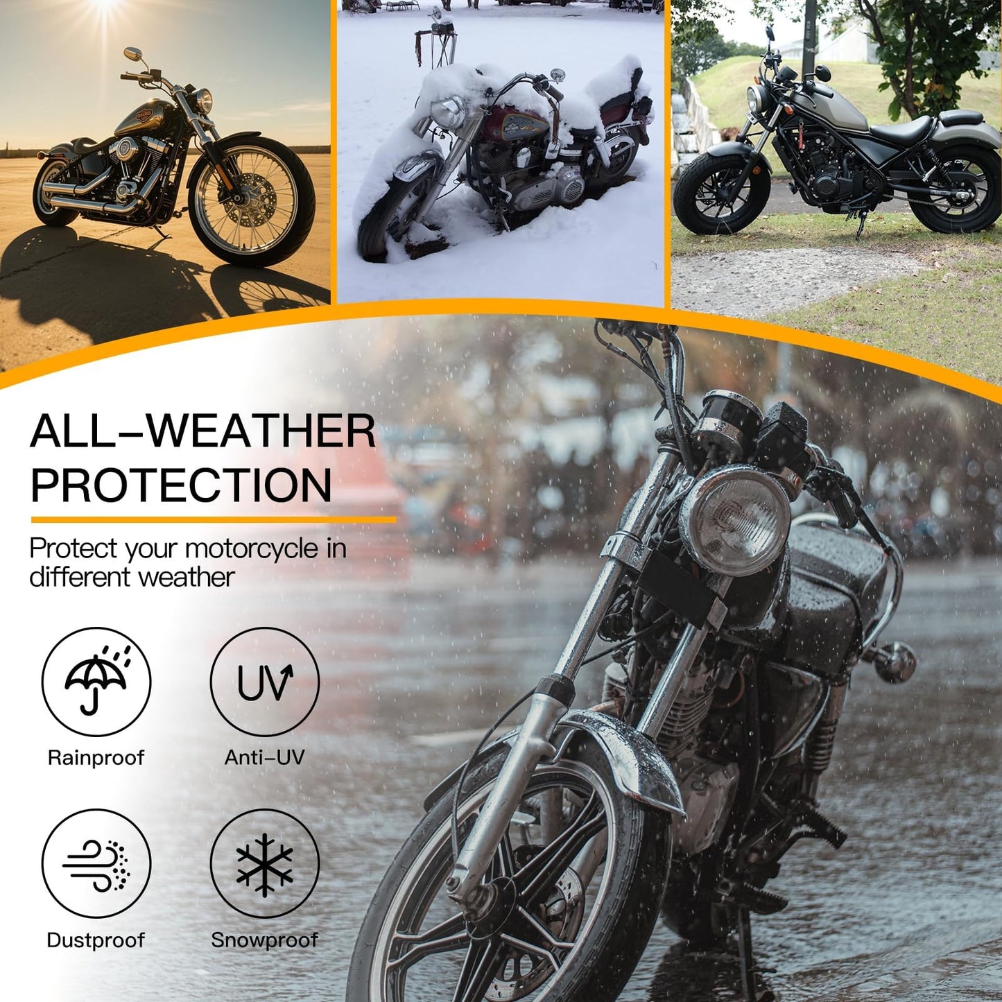 EcoZoro 300D Heavy Duty Motorcycle Cover - All Season Waterproof Outdoor Protection with Lock-Holes, Night Reflective & Storage Bag Fits up to 86.6" Cruiser, Touring, Sportbike, Dirt Bike, Scooter
