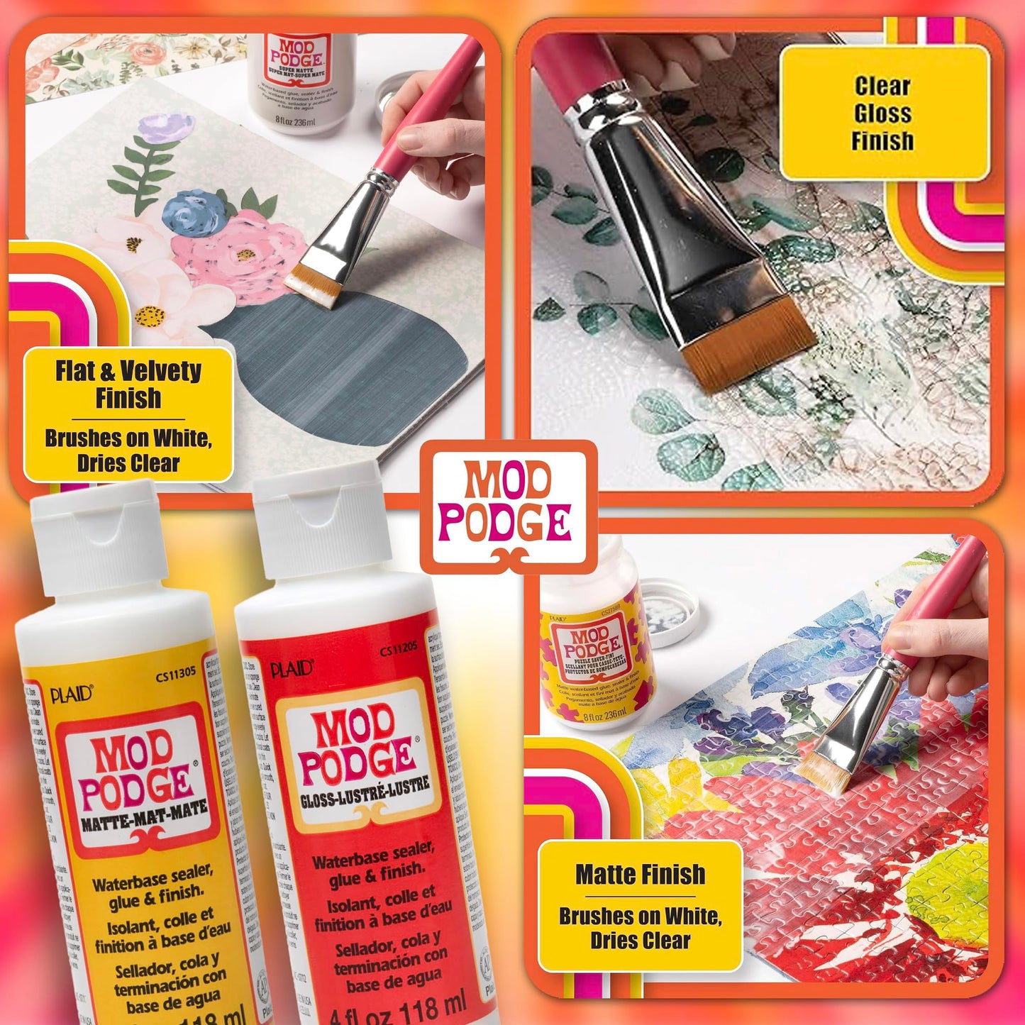 Mod Podge Decoupage Starter Kit, Gloss and Matte Medium with 3 Pixiss Foam Brushes, Waterproof for Puzzles, Wood and More