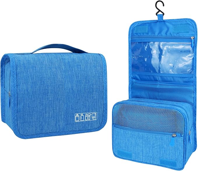 Large Capacity Toiletry Bag Travel Bag with Hanging Hook for Men and Women Waterproof Travel Cosmetic Bag Bathroom Storage Bag for Brushes Set, Full-Sized Shampoo, Toiletries, (Sky Blue)