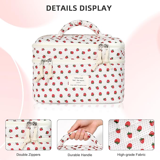 Makeup Bag, Portable Travel Make up Bag, Large Capacity Quilted Cosmetic Organizer Bag, Cute Floral Toiletry Bag for Women Girls (Strawberry)