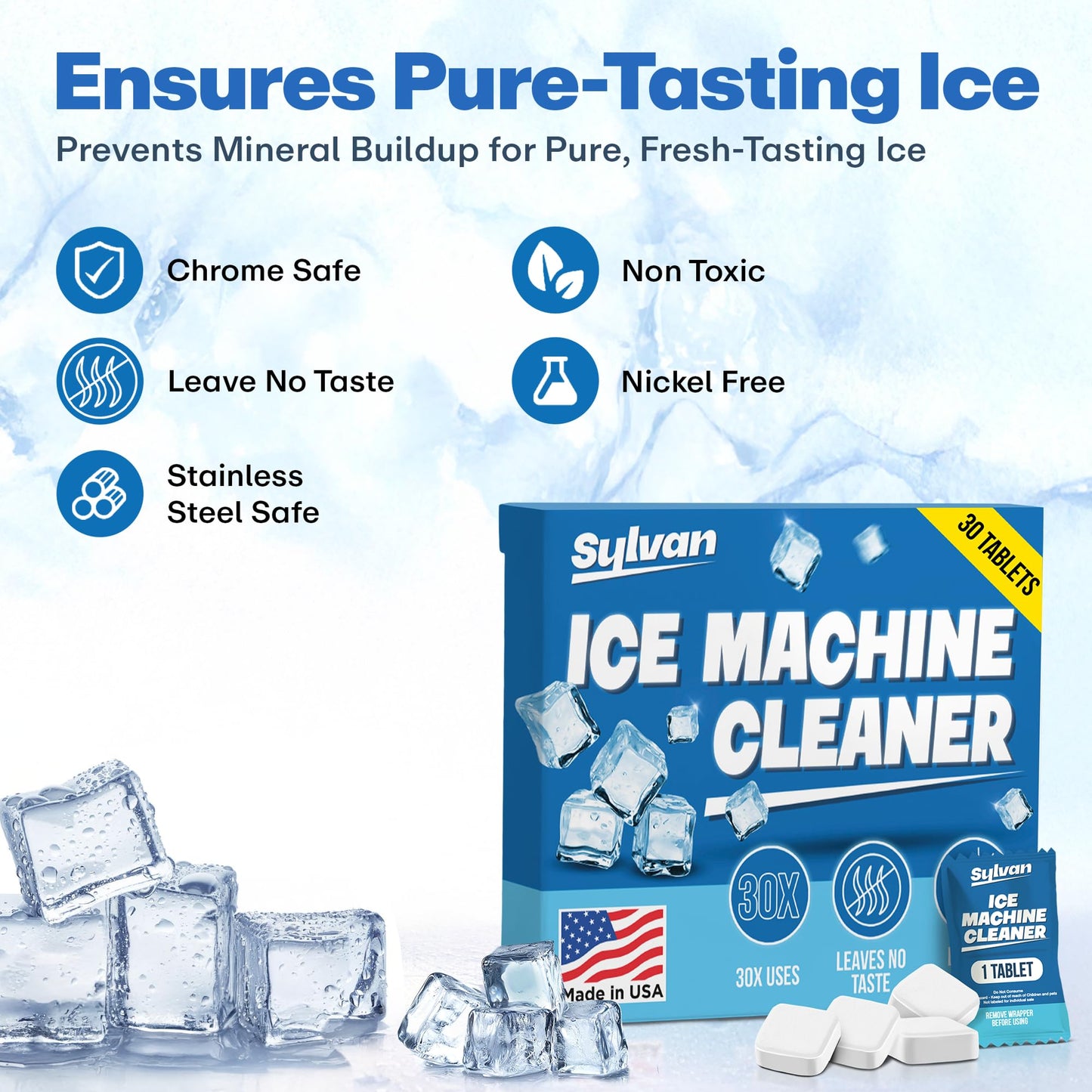 Sylvan Ice Machine Cleaner and Descaler Tablets | 30 Tabs | Made in USA | Nickel Safe Ice Maker Cleaner and Descaler | Universal Compatibility for Commercial & Residential Ice Makers