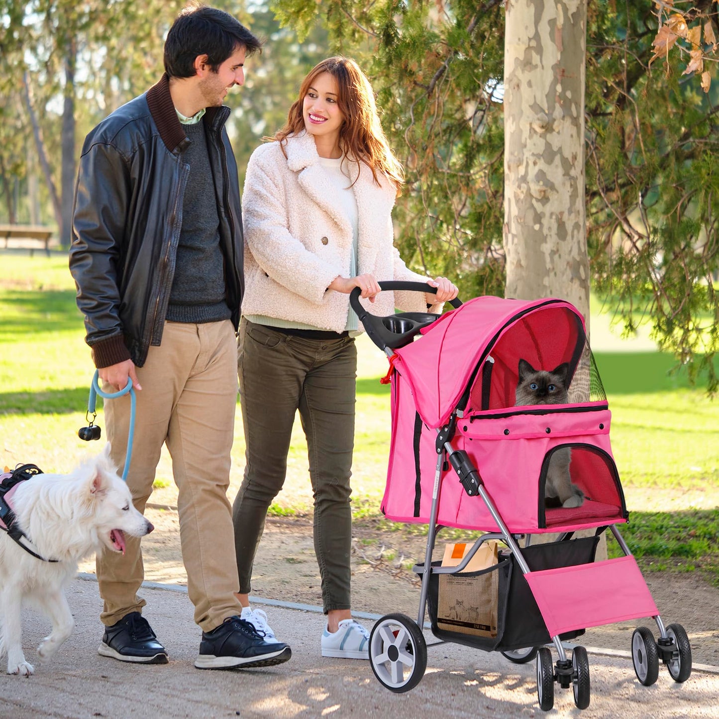 Epetlover 4 Wheels Dog Stroller Folding Pet Strolling Cart for Small Medium Cats Puppies Portable Jogger Travel Camping Puppy Carrier with Storage Basket Cup Holder, Pink