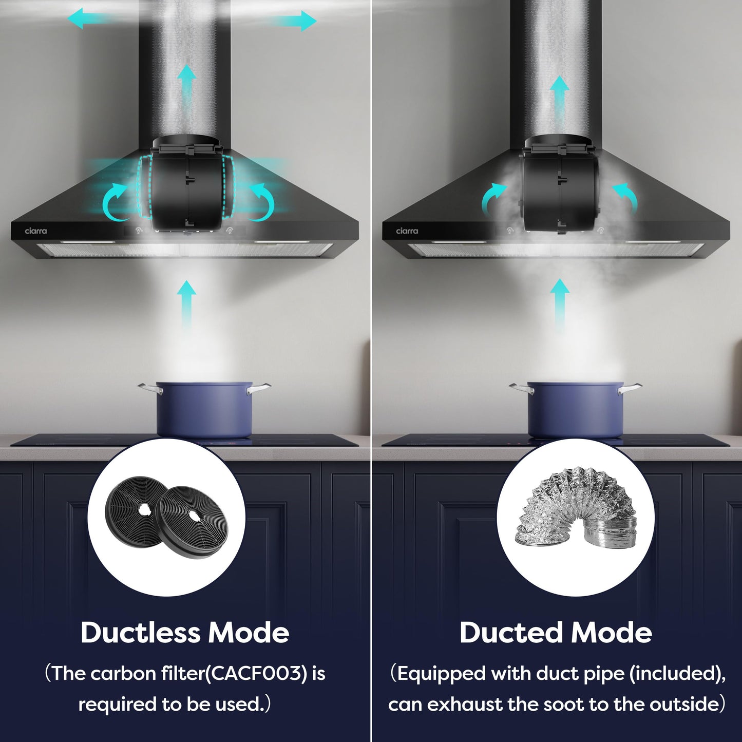 CIARRA Range Hood 30 Inch Wall Mount Range Hood in Stainless Steel, 450 CFM Stove Vent Hood for Kitchen with 3 Speed Exhaust Fan, Touch Control, LED Light, Ducted/Ductless Convertible - CAS75102