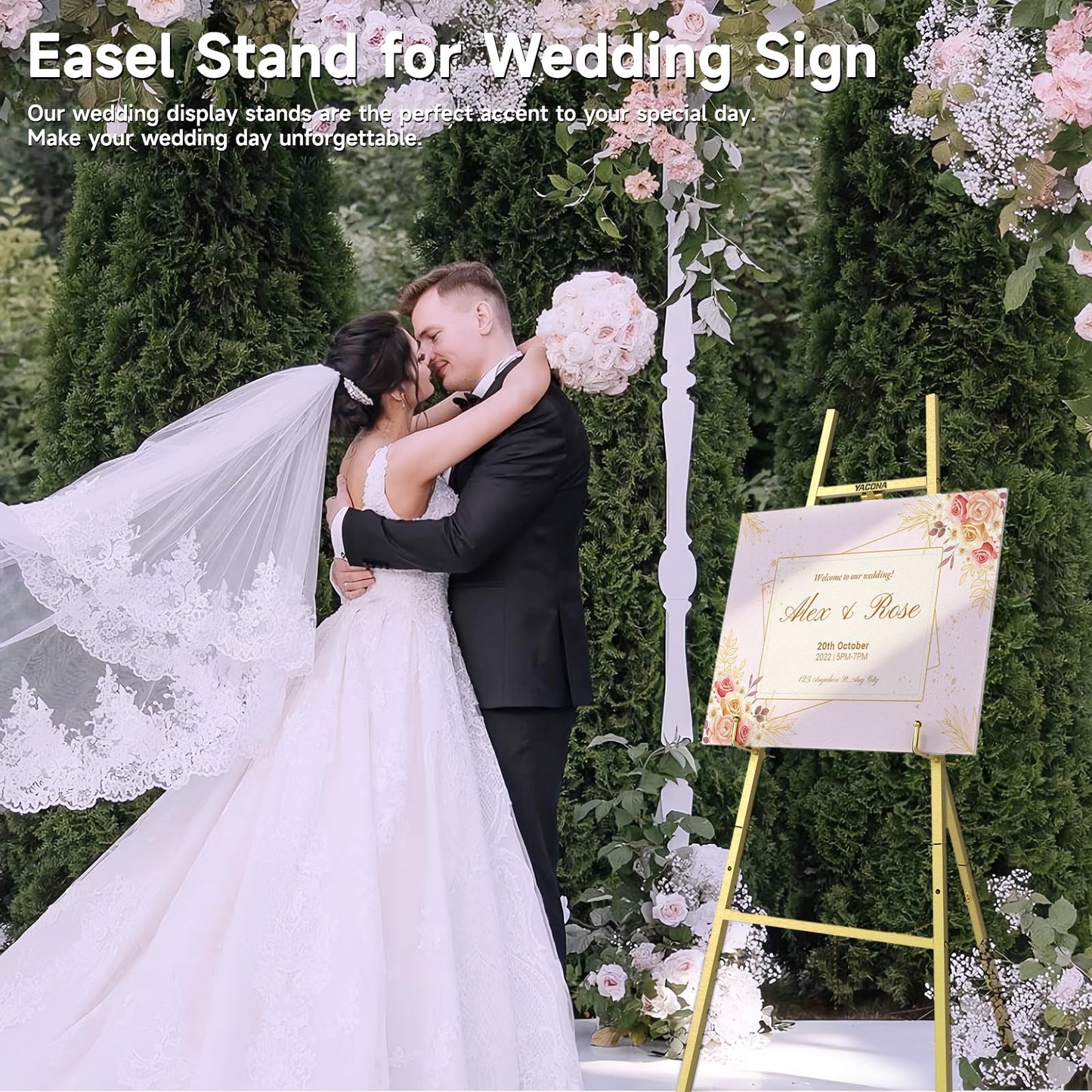 Gold Easel Stand for Sign, Heavy Duty Metal Display Easel with Adjustable Chain, 4-Tier Art Easel for Painting, Wedding Sign, Posters & Commercial Display
