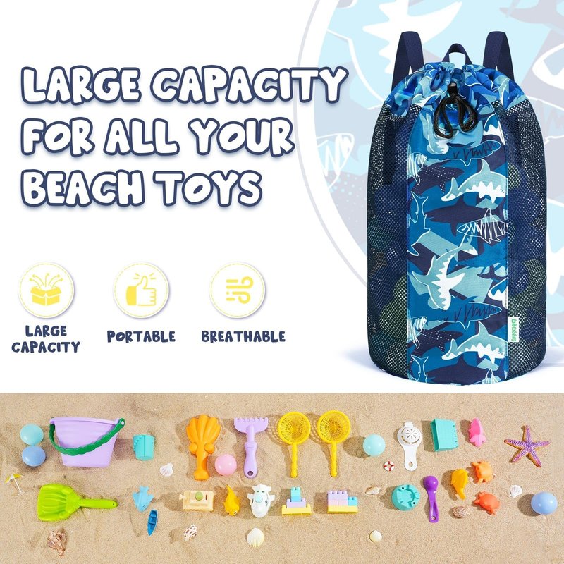 Shark Large Mesh Beach Bag for Kids, Kids Drawstring Beach Backpack for Boys, Tote Mesh Beach Toys Bag, Swim Pool Toys Balls Storage Bags Gym Bag, Beach Toy Shells Organizer