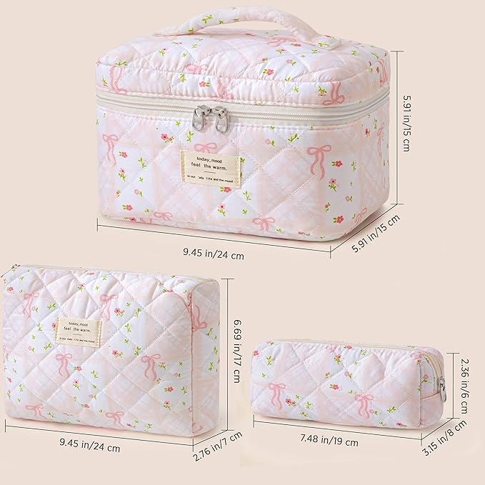 HBselect Quilted Makeup Bag, 3PCS Cotton Large Travel Makeup Bag, Cute Floral Coquette Make up Bag Cosmetic Bag Toiletry Bag for Women Girls