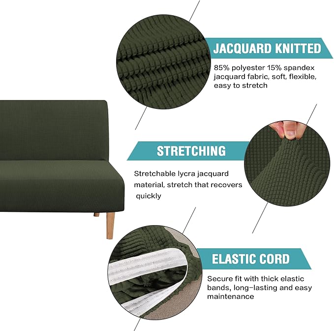 H.VERSAILTEX Armless Futon Cover Stretch Sofa Bed Slipcover Protector Elastic Feature Rich Textured High Spandex Small Checks Jacquard Fabric Futon Cover, Machine Washable, Olive