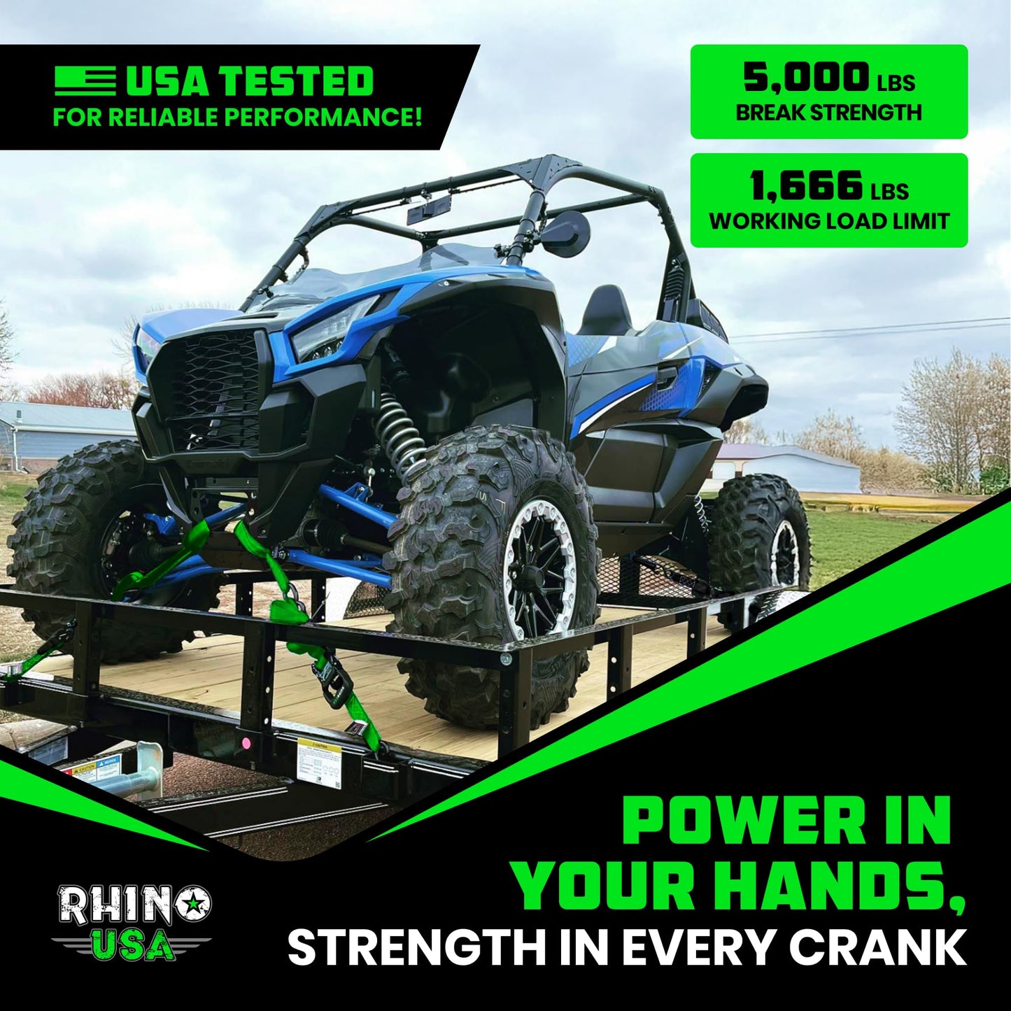 Rhino USA Ratchet Straps Heavy Duty Kit (4-Pack) - 1.6 Inch x 8 Feet Min Break Strength (5,000) - Ultimate Tie Down Straps with Safety S Hooks for Trucks, ATV, UTV, Motorcycle, Cargo & More - Green