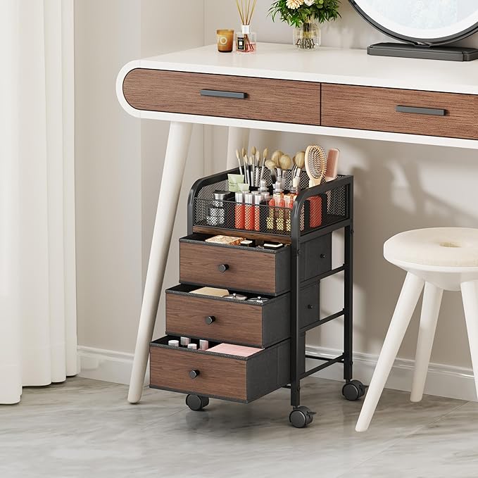 SWTYMIKI Rolling Makeup Organizer Cart - Under Desk Vanity Makeup Storage with 3 Non-woven Drawers, Nail Cart Organizer Cosmetic Display Cases Cabinet for Skin Care Perfume Nail Polish Brush Hair Tool