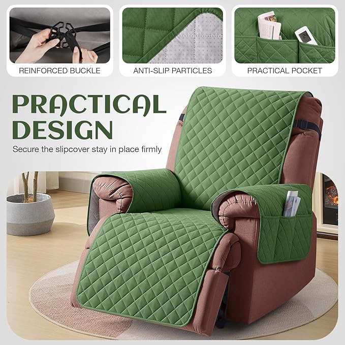 KinCam 100% Waterproof Recliner Chair Cover, Reclining Couch Covers for Pets, Dogs, Recliner Couch Slipcover Furniture Protector with Elastic Straps for Kids(28", Vine Green)