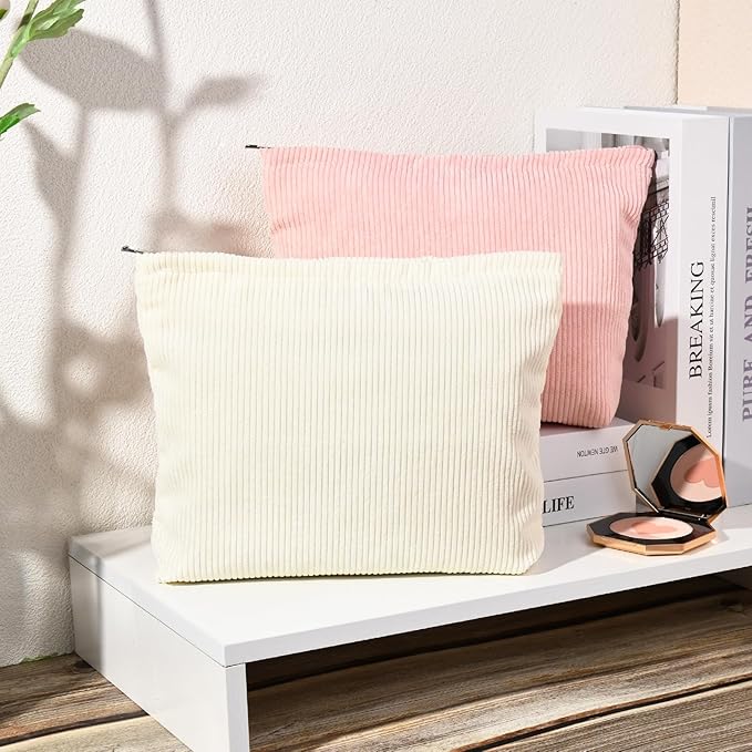SOIDRAM 2 Pieces Corduroy Makeup Bag Large Corduroy Cosmetic Bag Capacity Canvas Travel Toiletry Bag Organizer Cute Makeup Brushes Aesthetic Accessories Storage Bag for Women, Corduroy L White Pink