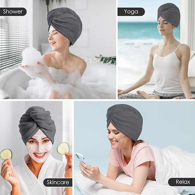 TENSTARS 5 Pack Thicken Microfiber Hair Towel Wrap for Women - Elastic Loop Design - 320GSM Coral Velvet - Quick Dry Hair Turban - 11x28 Inch (Dark Grey)