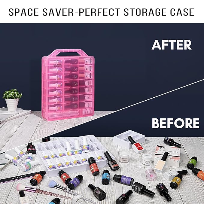 Makartt Nail Polish Organizer, Pink Acrylic Portable Storage Case Holder for 48 Bottles, with 8 Adjustable Dividers, Space-Saving & Colors Display