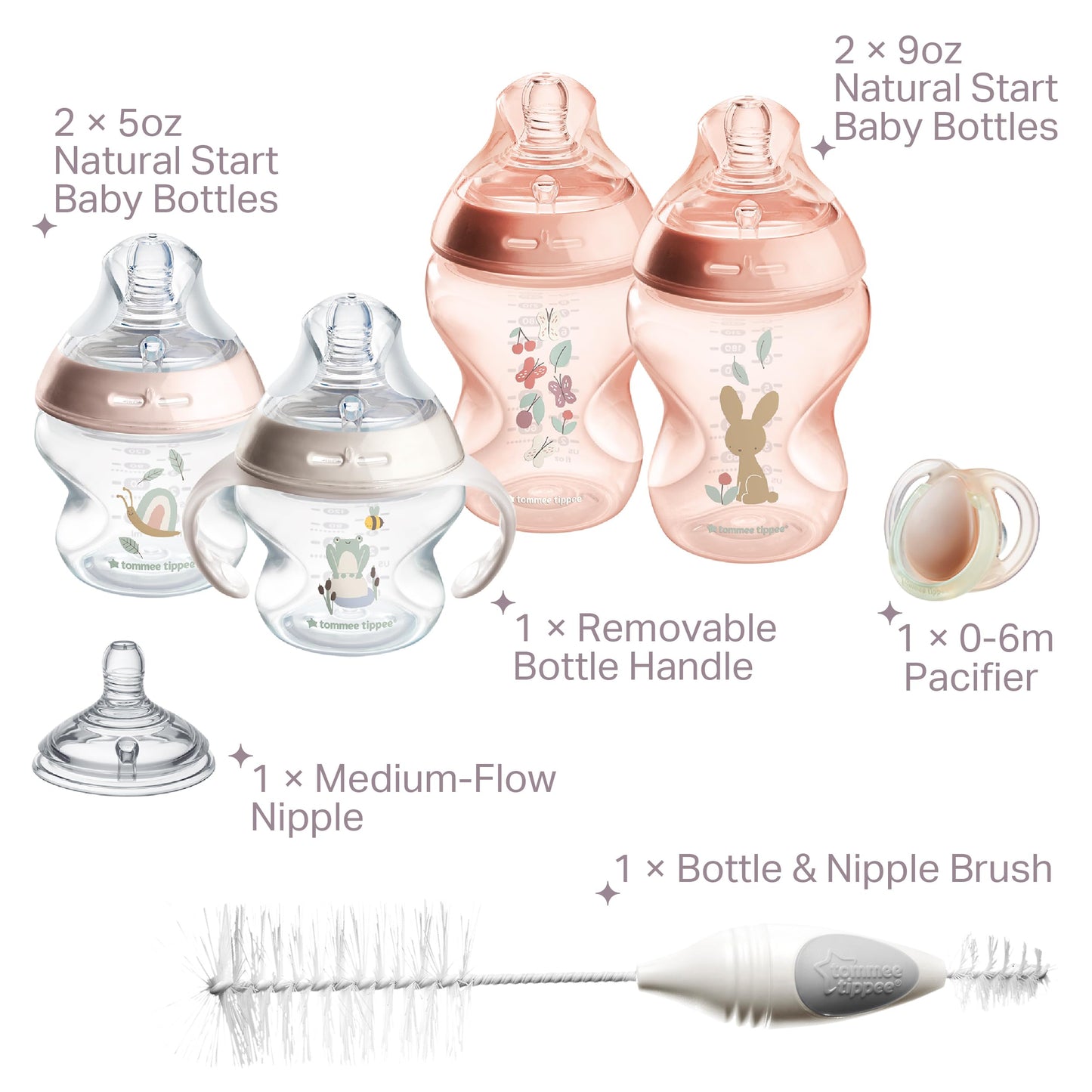Tommee Tippee Natural Start 8 Piece BPA Free Bottle Set, Includes 2 x 5 oz & 2 x 9 oz Bottles, 1 x Medium Flow Nipple, 1 x 0-6m Pacifier, 1 x Removable Bottle Handle, 1 x Cleaning Brush, Pink