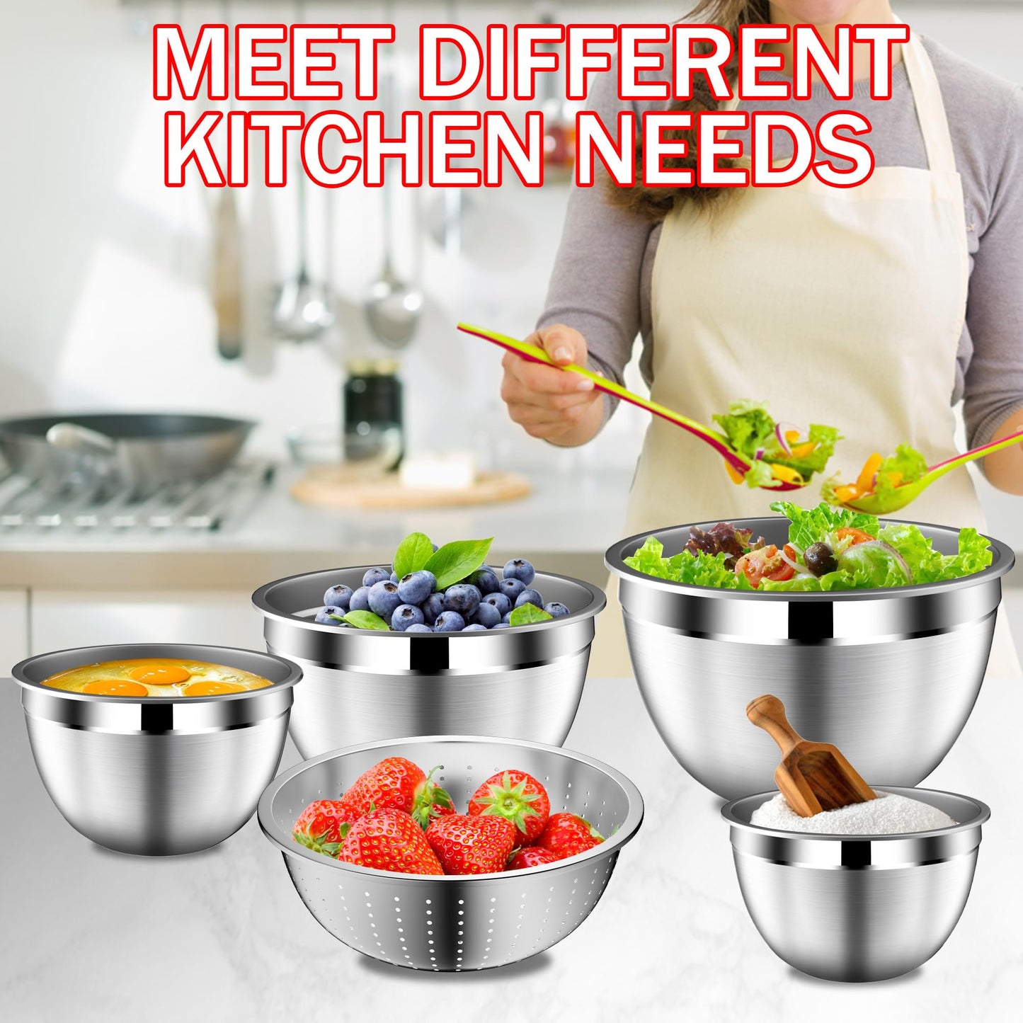 DUTZUN Mixing Bowls with Strainer, Mixing Bowl with Lids Set, Stainless Steel Mixing Bowls, Kitchen Gadgets 2025 Salad Bowls with Strainer for Mixing & Preping & Baking, Multicolor