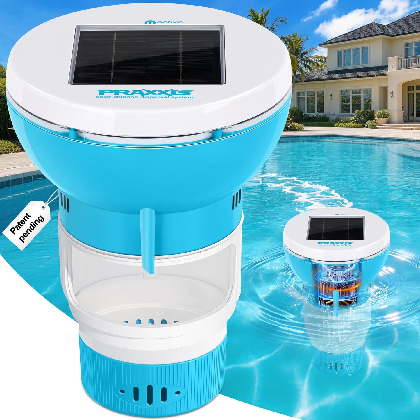 PRAXXIS Chlorine Floater with Solar-Powered Pump, Solar Chlorine Floater with Uniform Distribution, Rotating & Moving Floating Chlorine Dispenser for Pool, Adjustable Flow Pool Chlorine Floater(Blue)