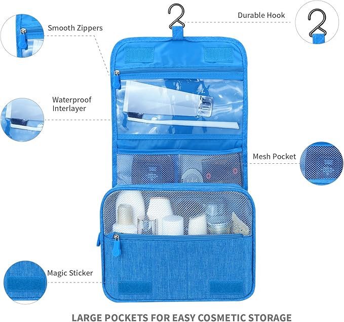 Large Capacity Toiletry Bag Travel Bag with Hanging Hook for Men and Women Waterproof Travel Cosmetic Bag Bathroom Storage Bag for Brushes Set, Full-Sized Shampoo, Toiletries, (Sky Blue)