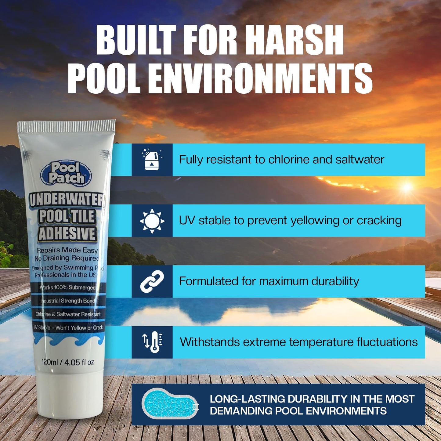 Pool Patch Underwater Pool Tile Adhesive (4 oz) – Waterproof Pool Tile Setting Paste – Professional Strength Adhesive for Ceramic, Mosaic & Stone – Works 100% Submerged, No Need to Drain Pool
