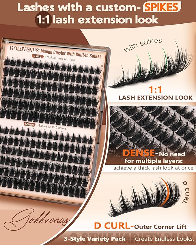 Goddvenus Manga Lash clusters With Spikes Wispy Cluster Eyelash Extensions Natural Fairy Eyelash Clusters D Curl Individual Lashes Fluffy False Eyelashes (12-18mm)