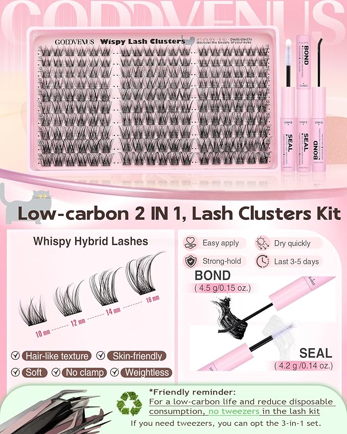 Goddvenus Lash Clusters Kit Wispy Cluster Eyelash Extensions Kit Natural DIY Lash Extension Kit 10-16mm Eyelashes Clusters 180pcs C Curl Individual Lashes Cluster Eyelash (No Tweezers)