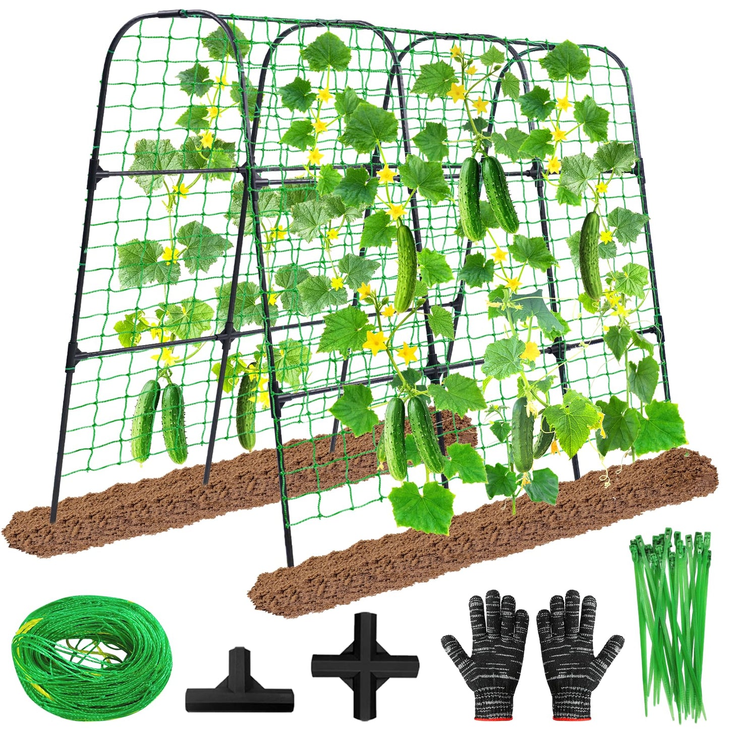 OTOSUNNY Garden Trellis for Climbing Plants Outdoor, Cucumber Trellis for Raised Bed Garden, Arch Trellis Support for Cucumbers Tomatoes Beans Peas, 50x48 inch, Metal Trellis with Netting, Black